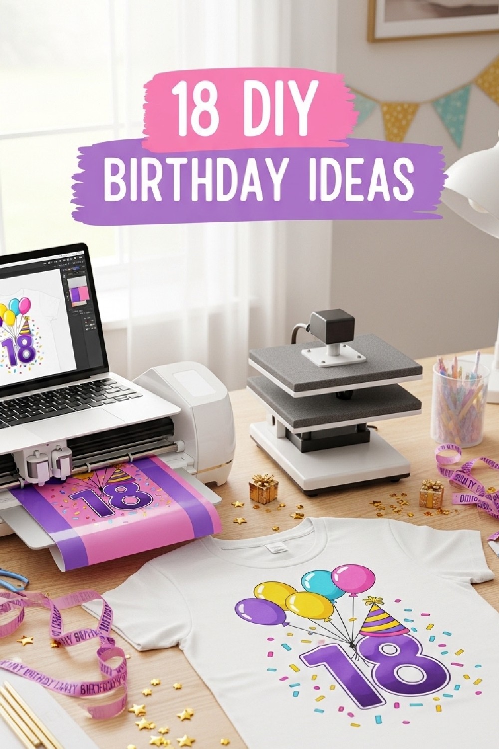 Cricut birthday SVG design workspace with heat press and t-shirt featuring number 18 and balloons