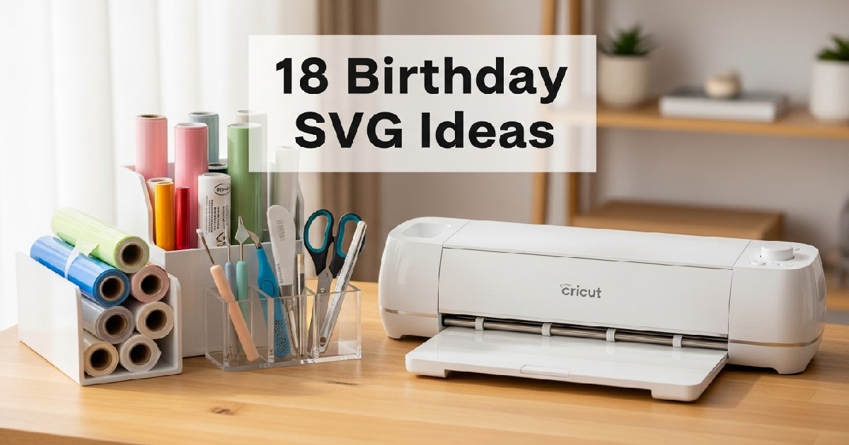 Birthday SVG ideas Cricut workspace with machine vinyl tools DIY project inspiration