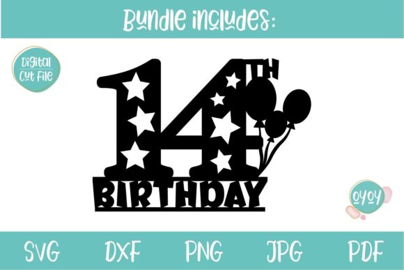 Preview of a balloon-themed 14th birthday SVG