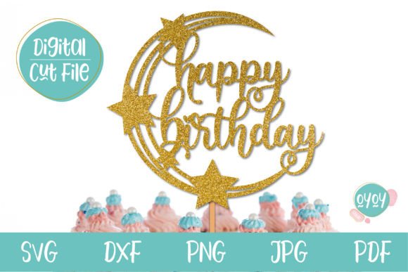 Moon-themed happy birthday cake topper SVG