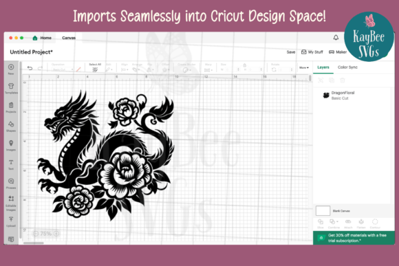 Preview of floral dragon SVG cut file