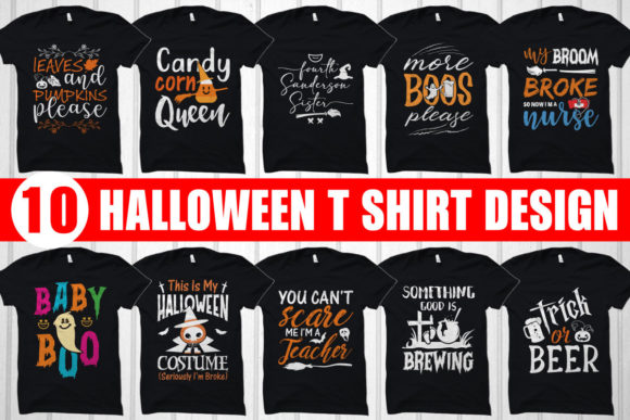 Ten black t-shirts with various Halloween-themed text designs, including pumpkins and candy corn motifs.