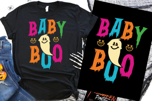 Black t-shirt with 'Baby Boo' text and a smiling ghost graphic, shown next to a matching design print.