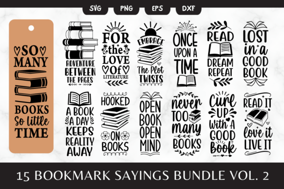 Bookmark design with stacked books and text 'So many books, so little time'.