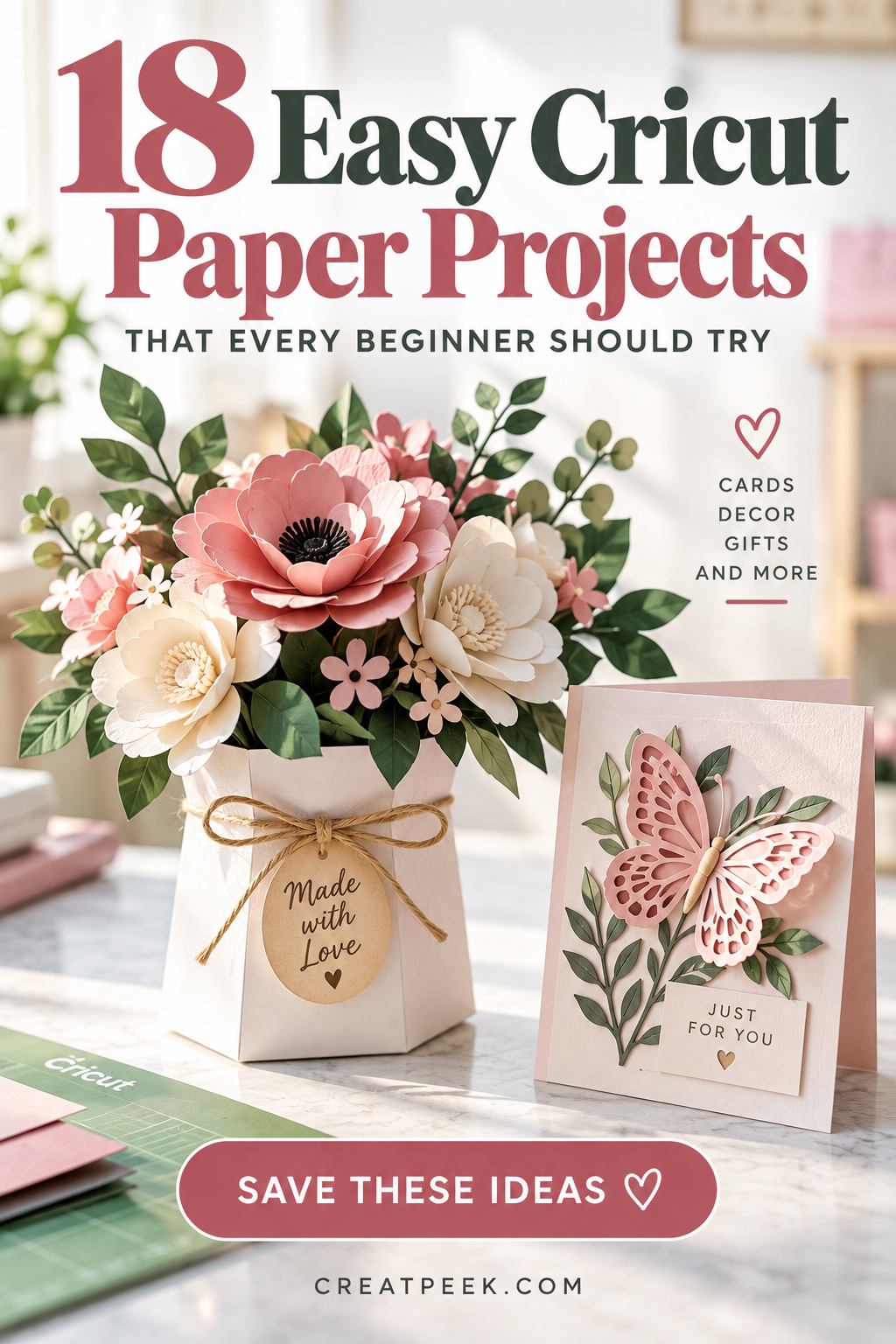 A beautiful arrangement of paper flowers in a gift bag and a greeting card with a butterfly design, showcasing easy Cricut