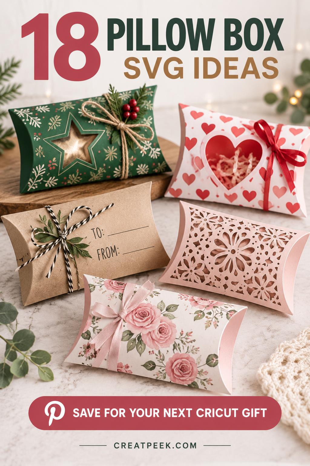 A collection of five decorative pillow box designs for gifting, featuring various patterns and colors.