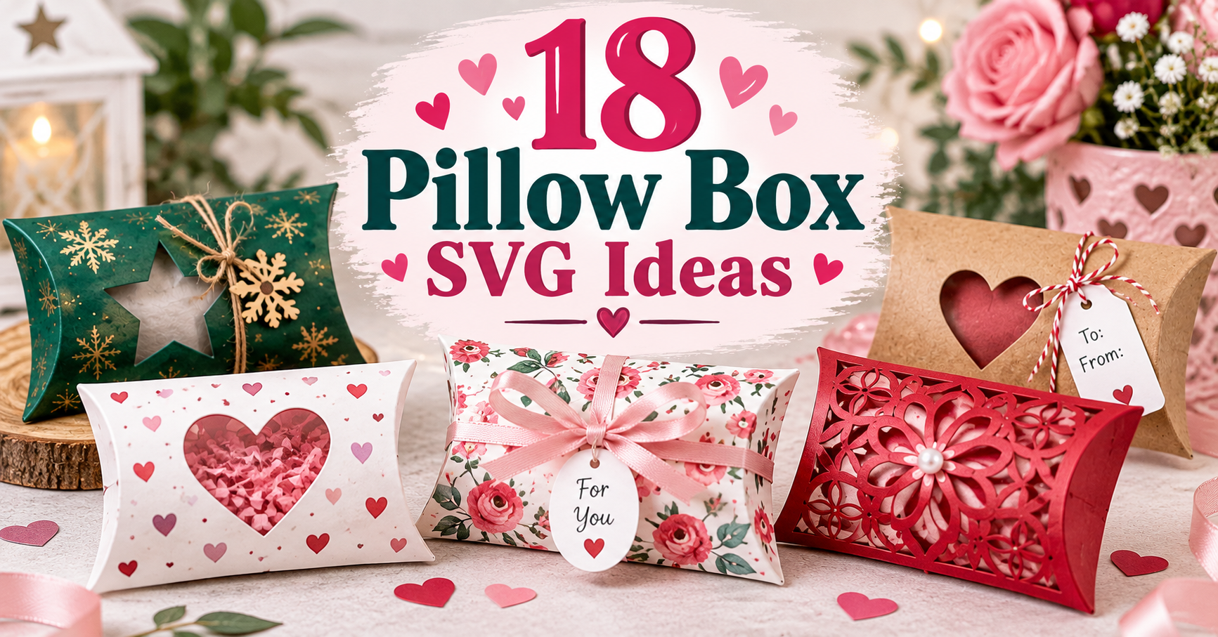 Colorful pillow box SVG projects featuring heart, floral, star and decorative gift box designs for Cricut