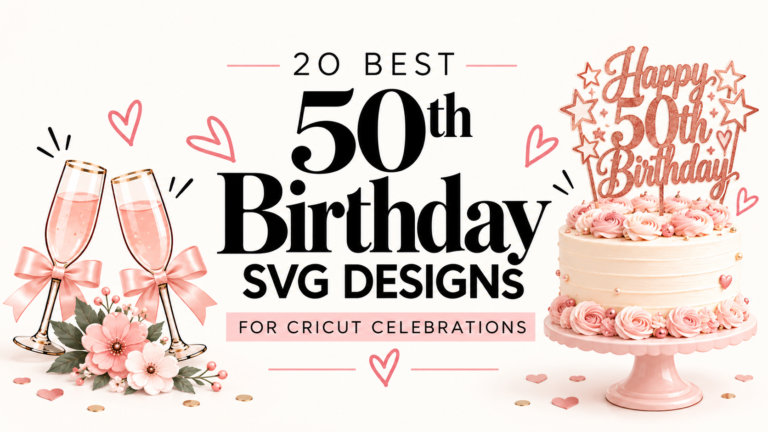 50th birthday SVG designs with a pink birthday cake, cake topper and champagne glasses for Cricut celebrations