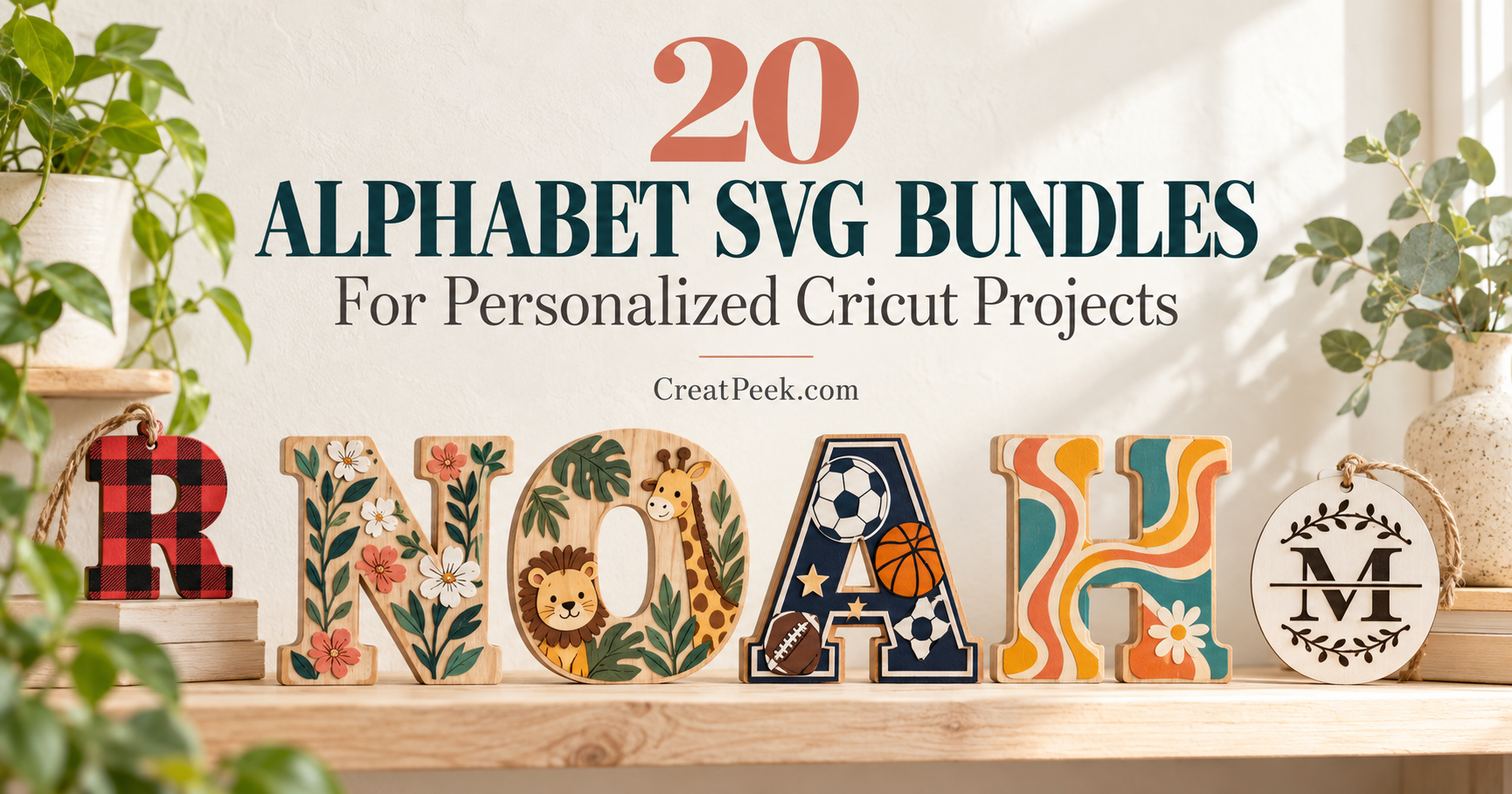Alphabet SVG bundle examples in floral, animal, sports, retro, and monogram styles for Cricut projects.