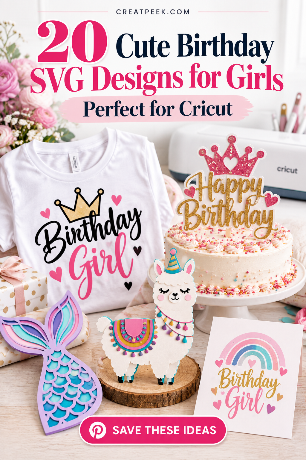 A collection of cute birthday SVG designs including a t-shirt, cake topper, and decorations for Cricut projects.
