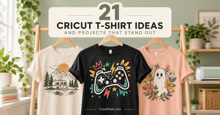 Camper, gamer, and floral ghost shirts arranged beneath the title 21 Cricut T-Shirt Ideas.