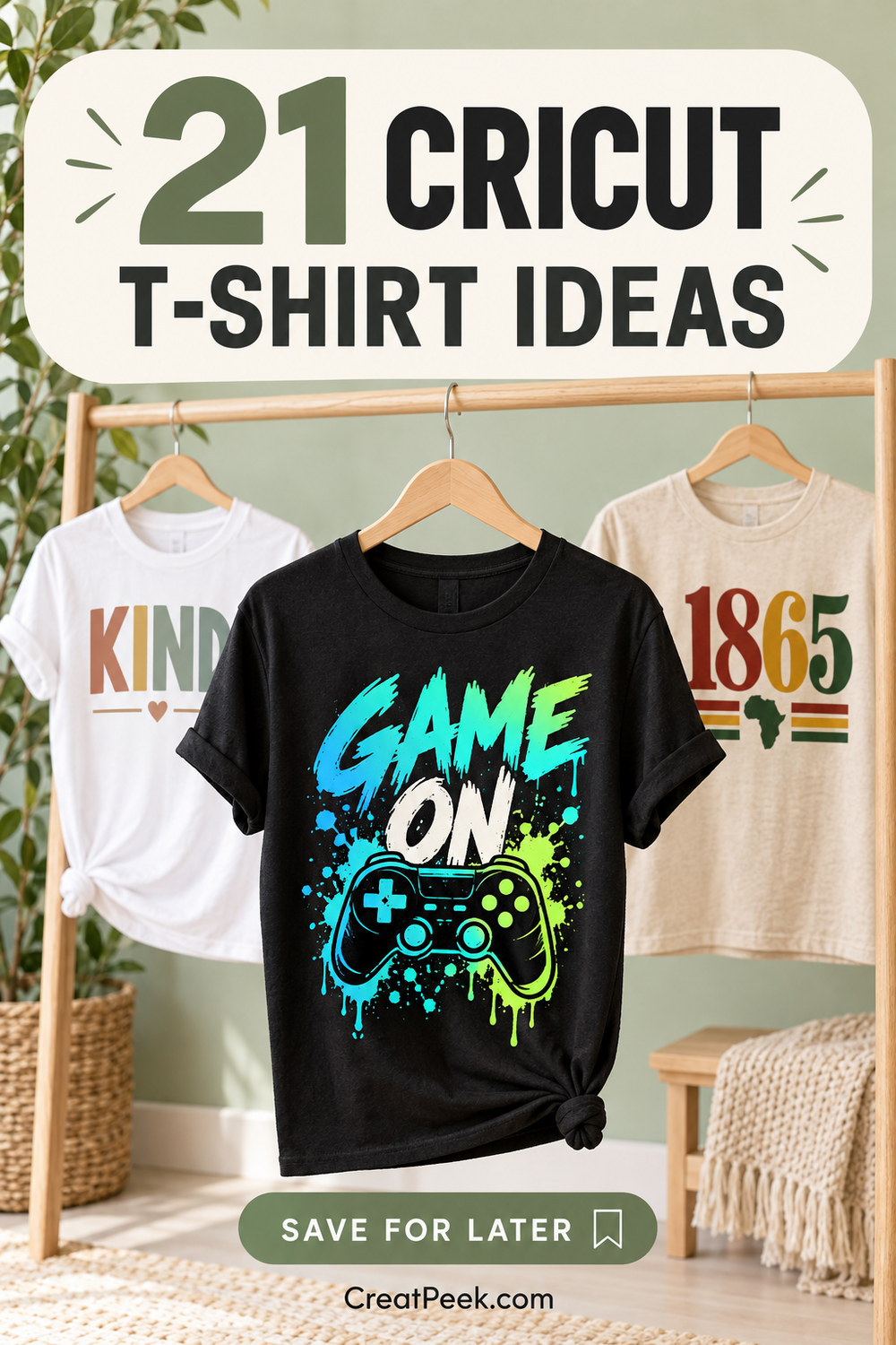 Black gamer shirt with supporting typography designs in a pin for 21 Cricut T-shirt ideas.