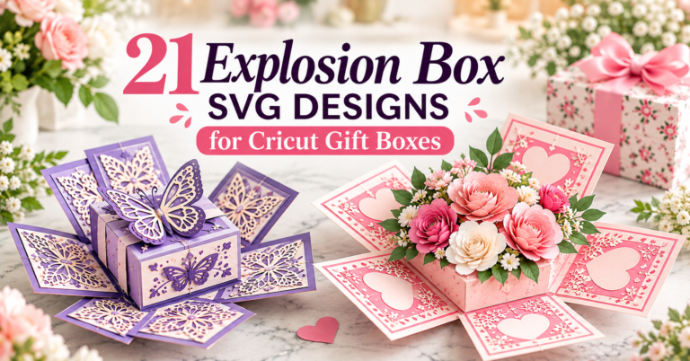 Colorful explosion box designs with butterfly cutouts, layered hearts and paper flowers on a styled craft table.