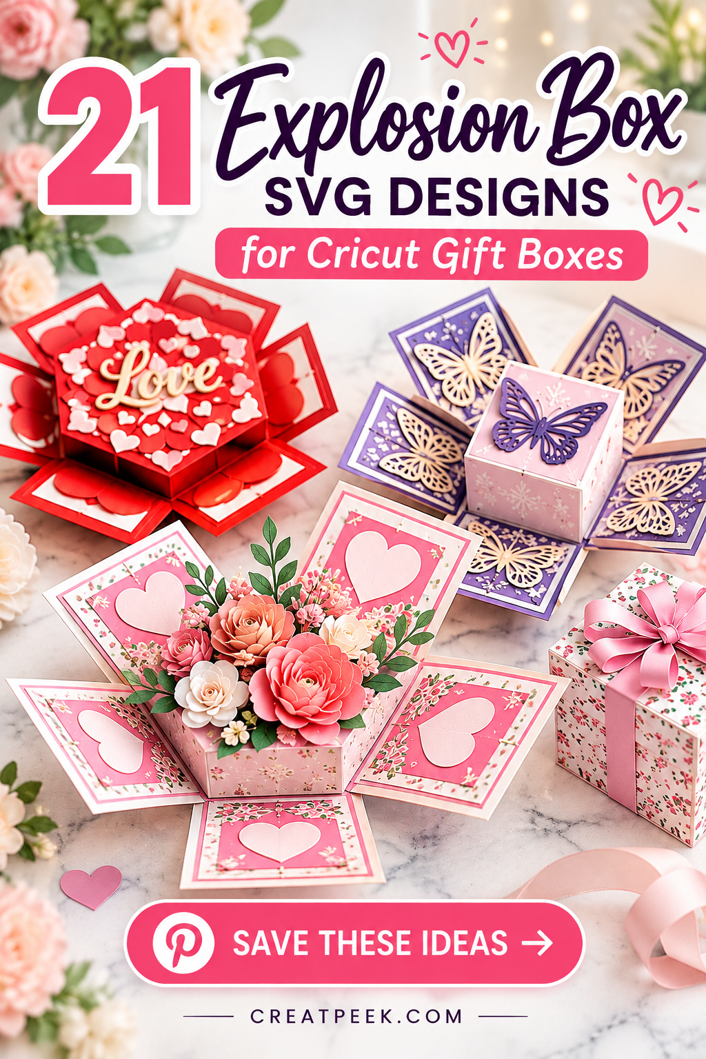 Three colorful explosion box designs featuring flowers, hearts, and a butterfly for Cricut projects.
