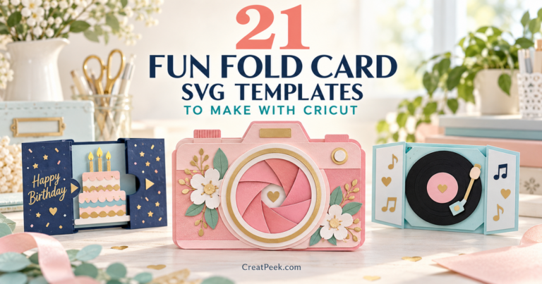 Pink aperture camera card with birthday slider and record spinner, illustrating fun fold card SVG templates.