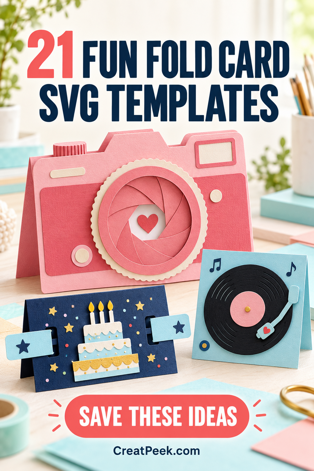 Fun fold card SVG ideas shown as a pink aperture camera, birthday slider card, and record spinner.