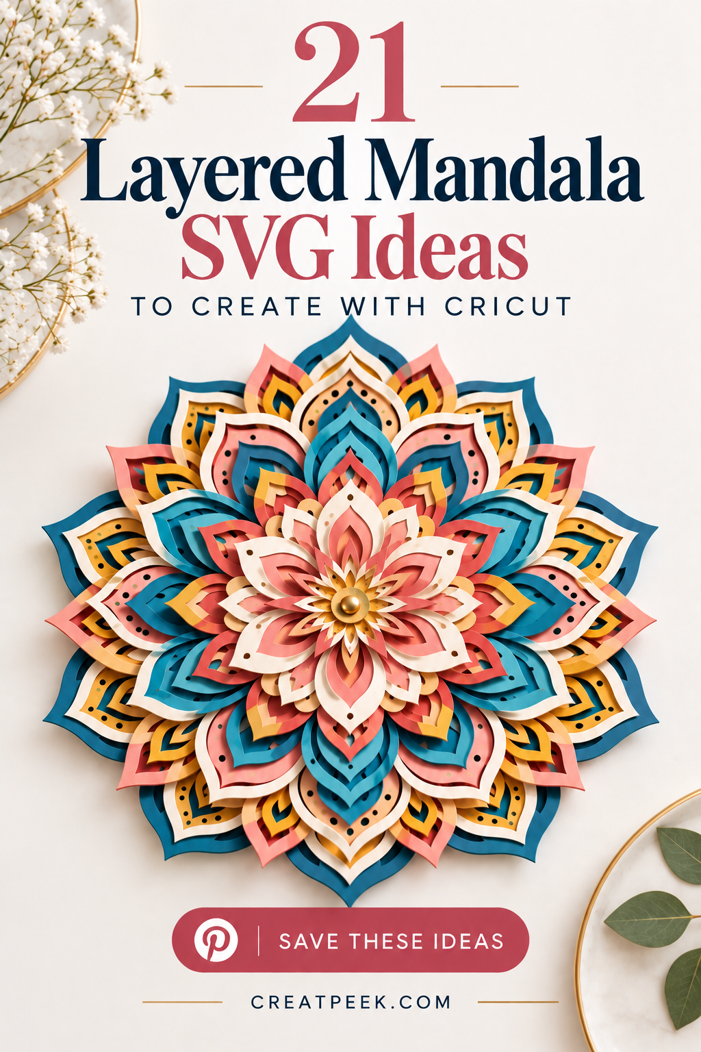 Layered mandala SVG design with colorful paper-cut layers for Cricut crafts.