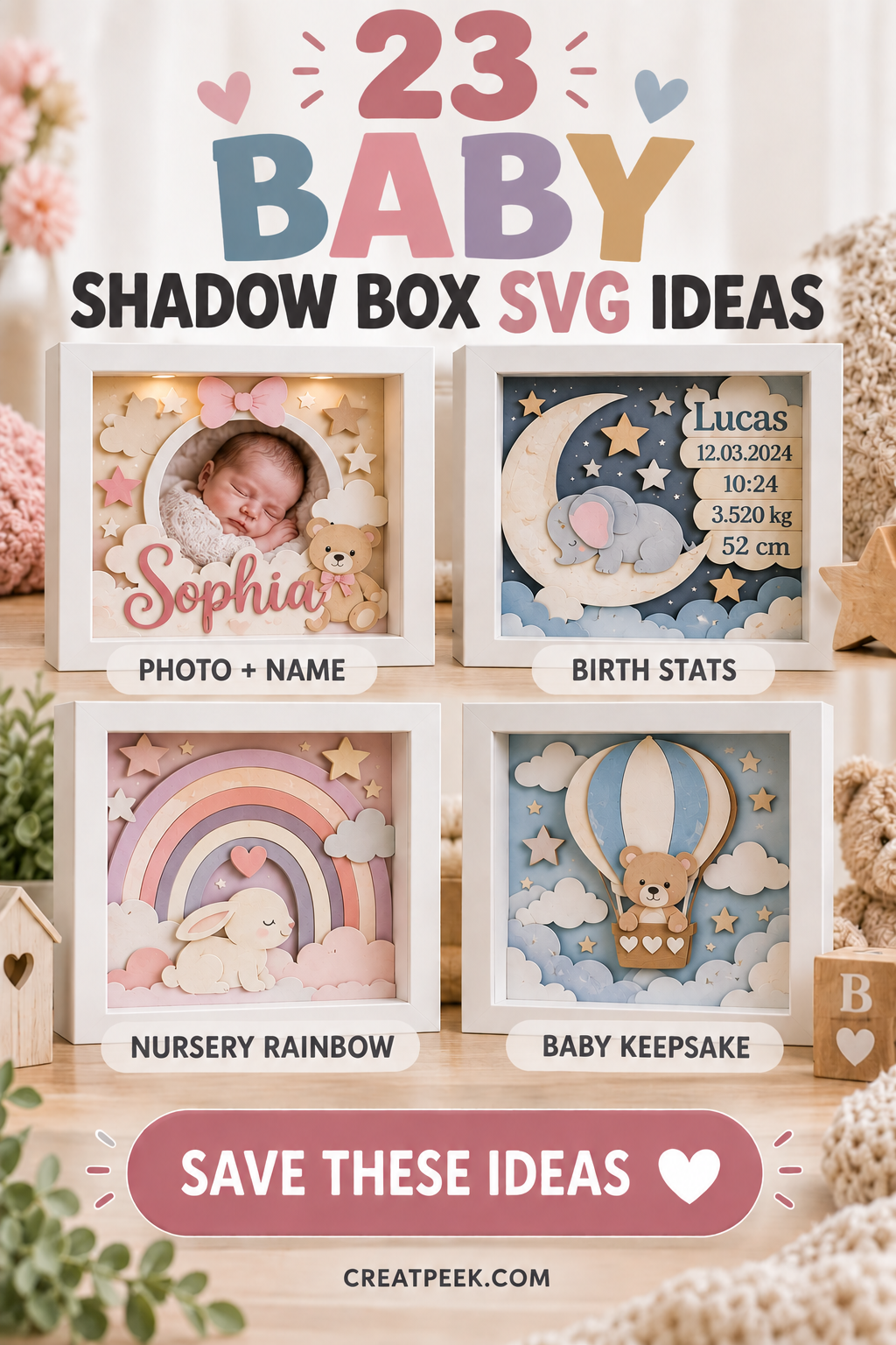 Collage of 23 baby shadow box SVG ideas featuring a personalized photo frame, birth stats, nursery rainbow and baby keepsake designs