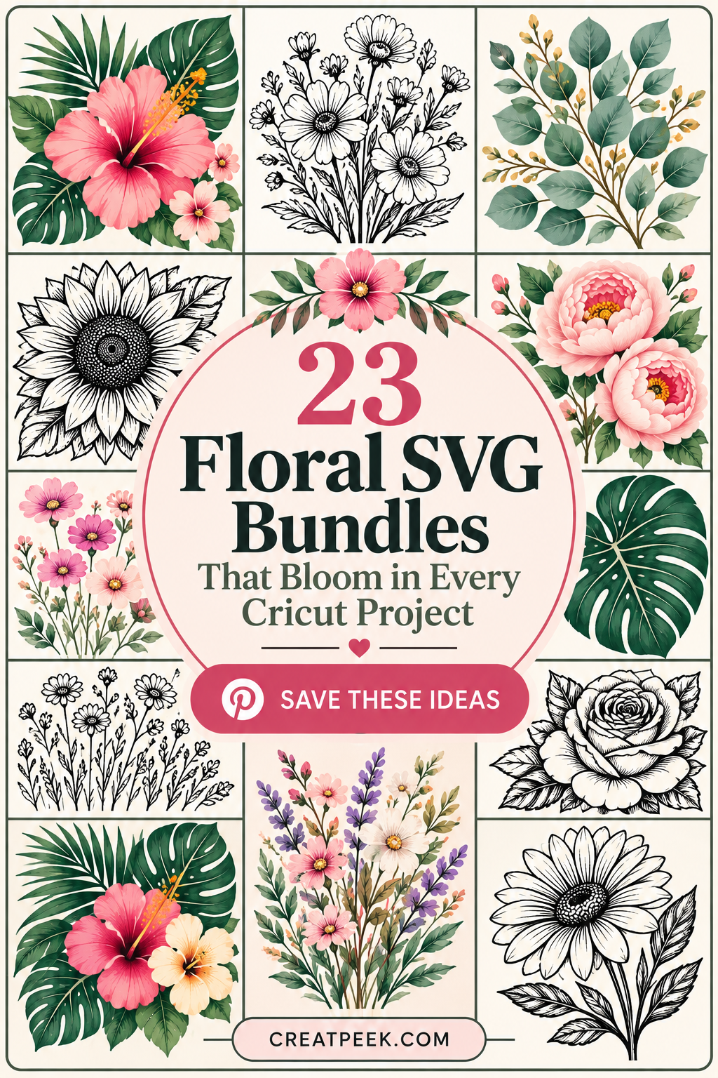 Collage of floral SVG designs including sunflowers, roses, and tropical leaves for Cricut projects.