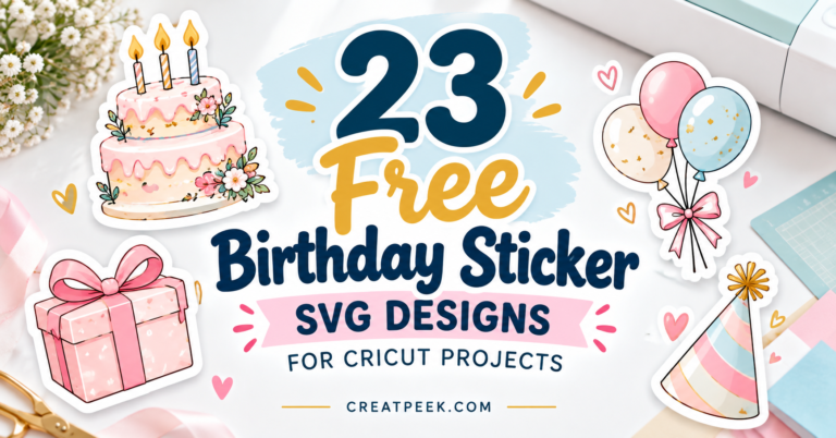 Birthday sticker SVG designs with a cake, gift, balloons and party hat for Cricut projects