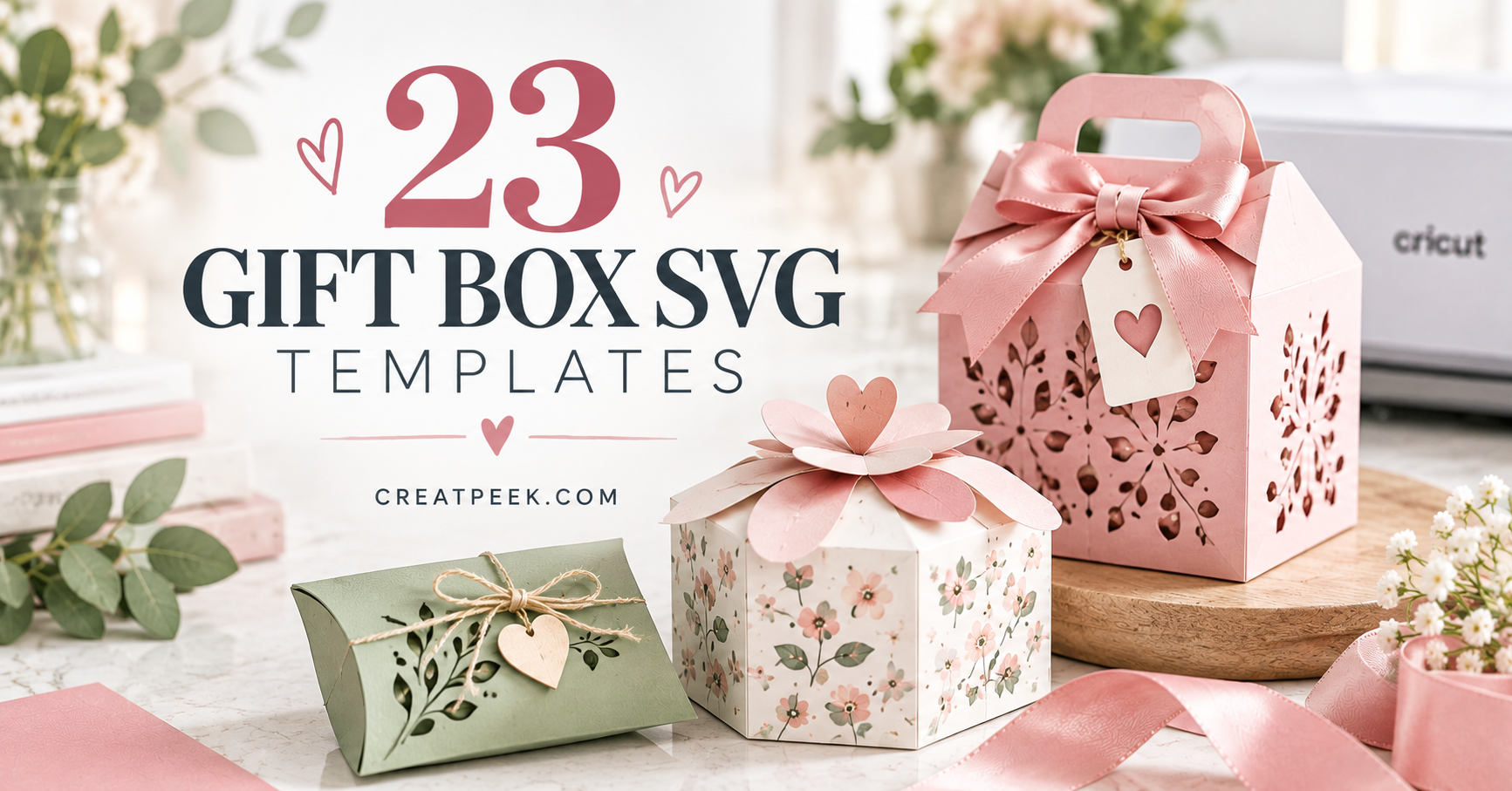Pastel paper gift boxes made from SVG templates displayed in a bright Cricut craft workspace