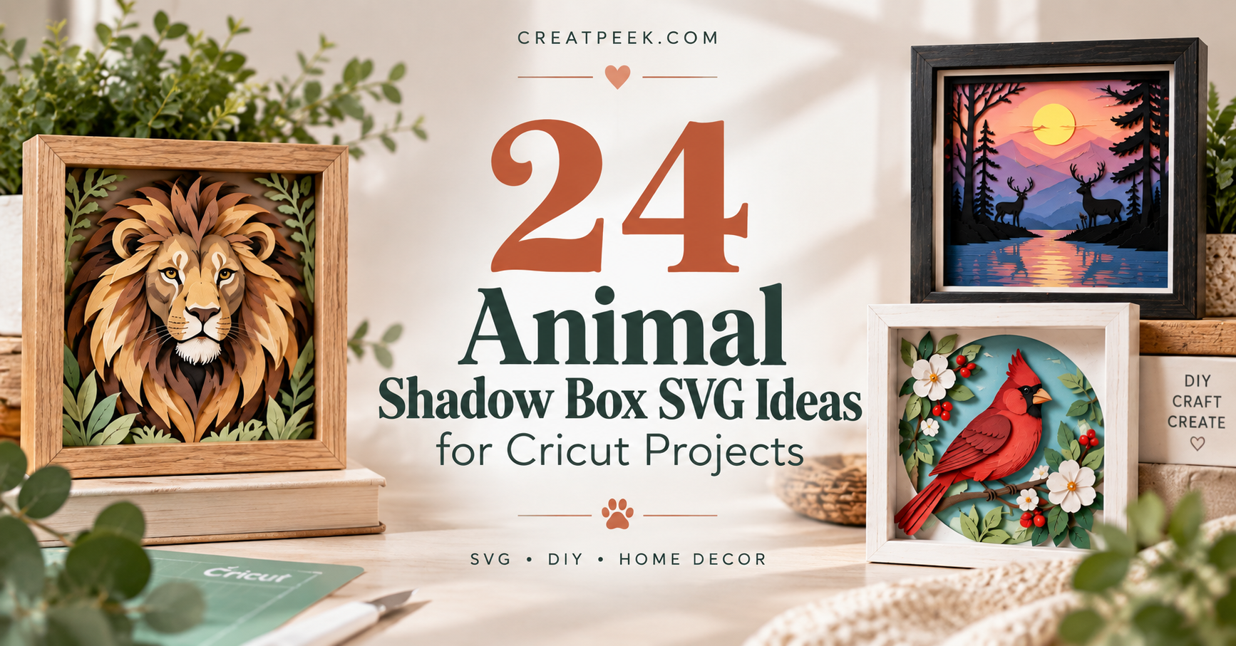 Layered animal shadow box SVG projects featuring a lion, deer and cardinal for Cricut crafting