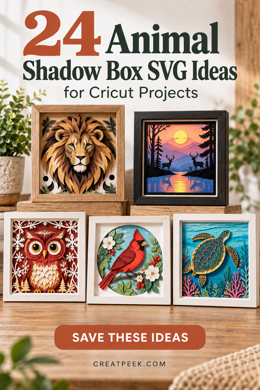 A collection of 24 animal shadow box SVG designs for Cricut projects, featuring a lion, owl, cardinal, turtle, and sunset