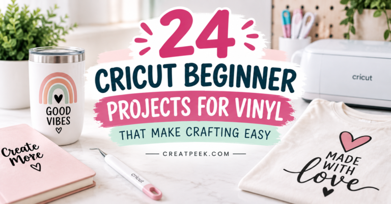 Cricut beginner vinyl projects with a decorated tumbler, T-shirt, and vinyl crafting supplies