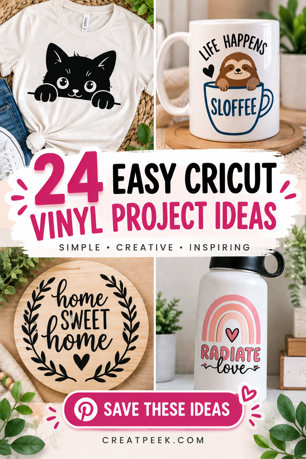 Collage of Cricut vinyl project ideas including a cat T-shirt, sloth mug, home decor sign, and rainbow water bottle.