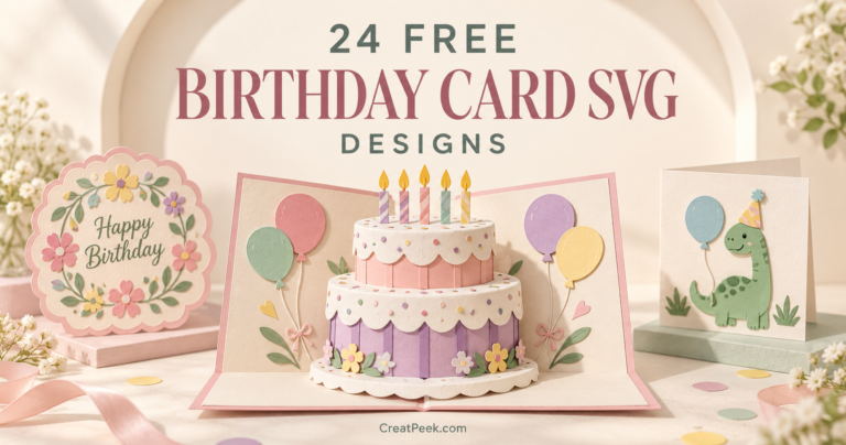 Free birthday card SVG cover with a layered cake card, floral greeting card, and dinosaur insert card
