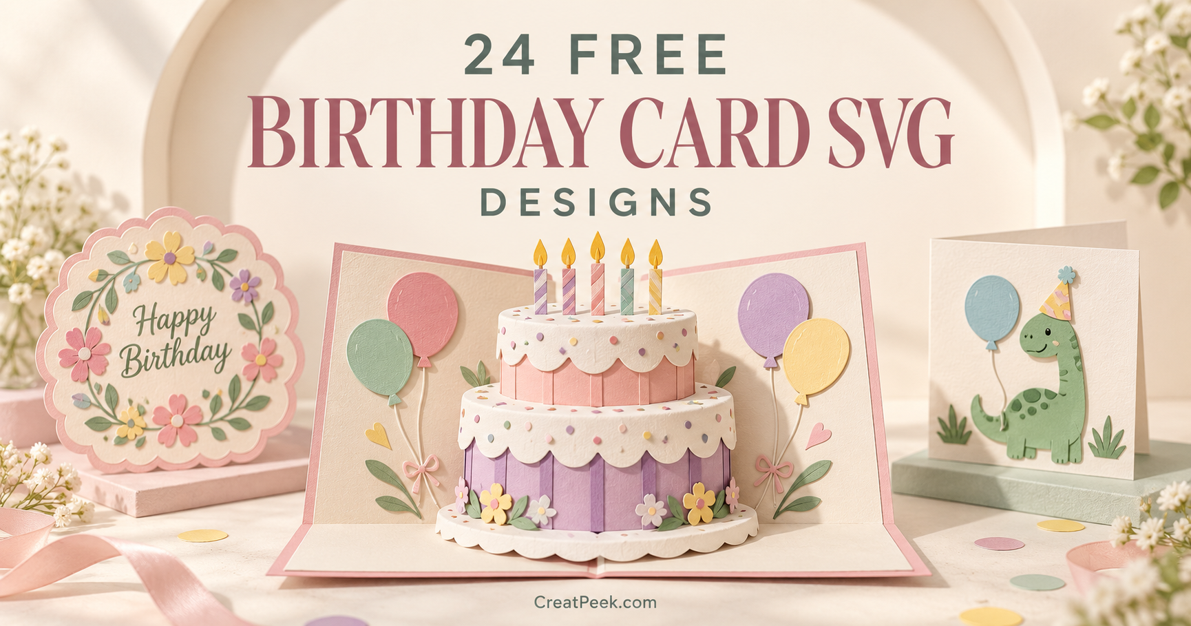 Free birthday card SVG cover with a layered cake card, floral greeting card, and dinosaur insert card