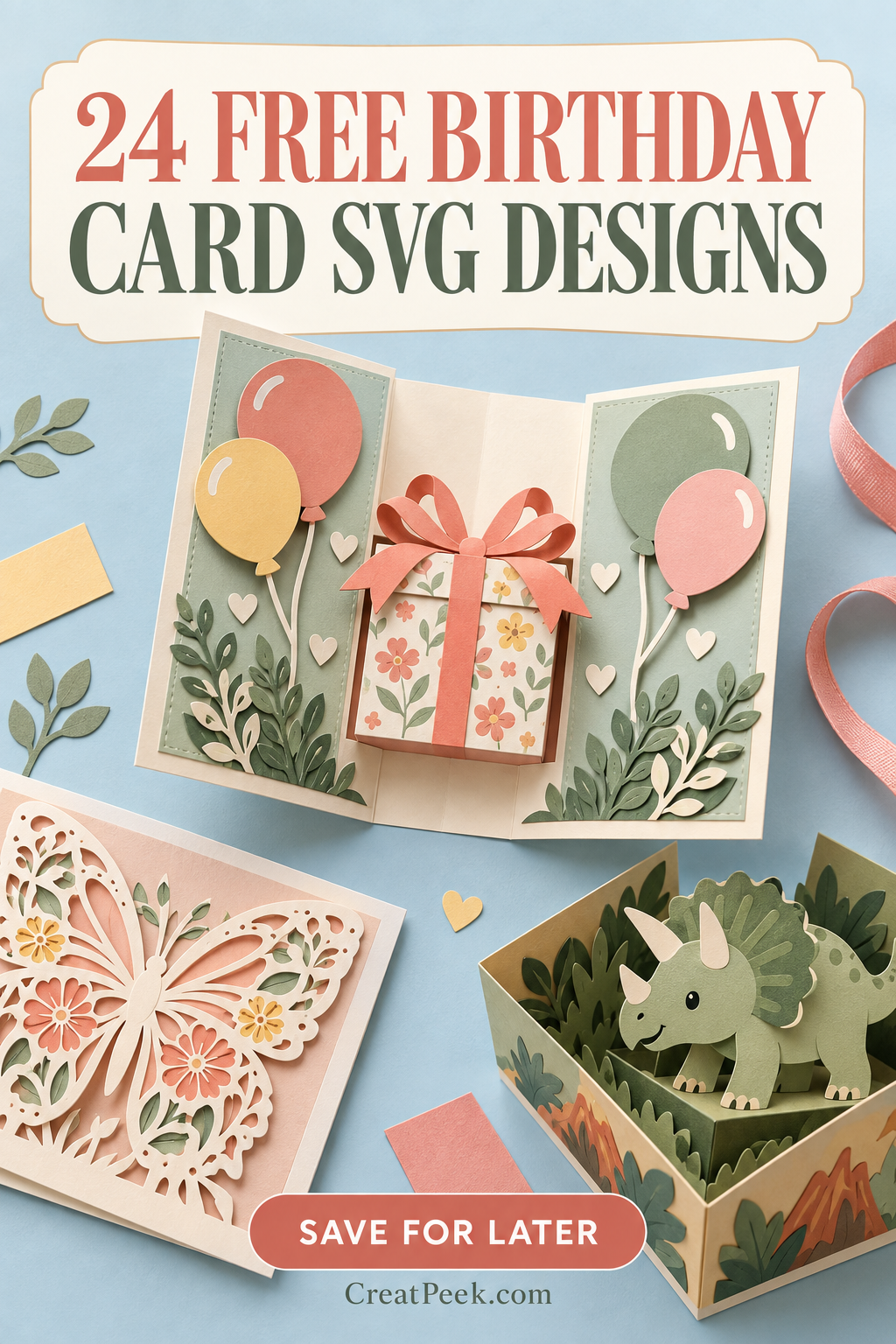 Birthday card SVG designs with a gate-fold gift card, butterfly papercut, and triceratops pop-up box