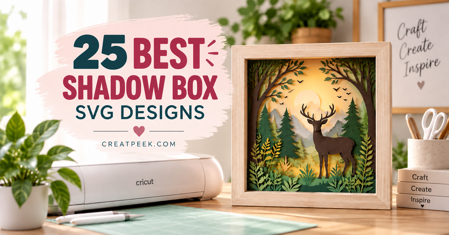 Layered deer forest shadow box SVG design displayed in a bright Cricut craft workspace