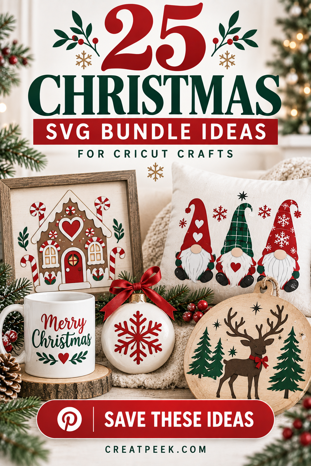 A festive display featuring Christmas SVG bundle ideas, including gnomes, ornaments, and holiday-themed decor.