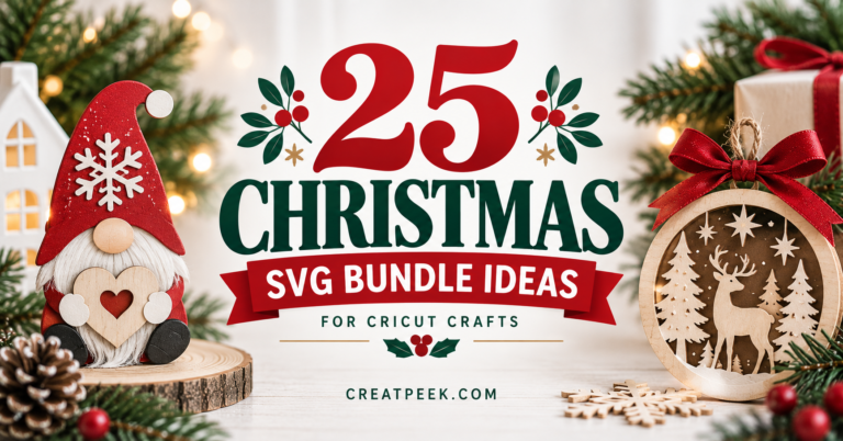 Christmas SVG bundle ideas shown with festive gnome and layered reindeer ornament craft designs