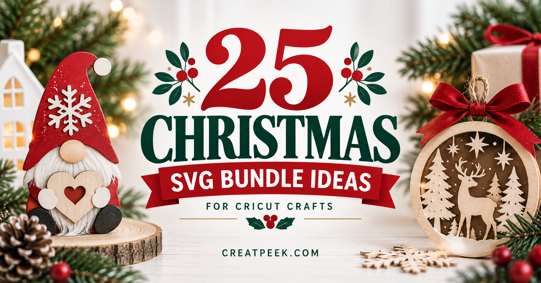 Christmas SVG bundle ideas shown with festive gnome and layered reindeer ornament craft designs