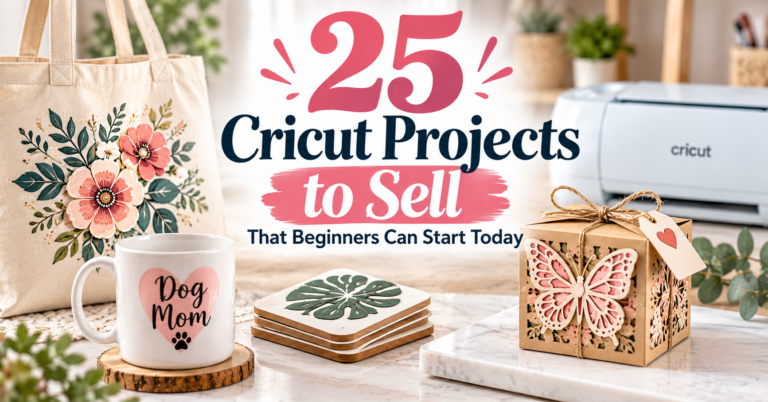 Cricut projects to sell including a tote bag, mug, coasters and gift box