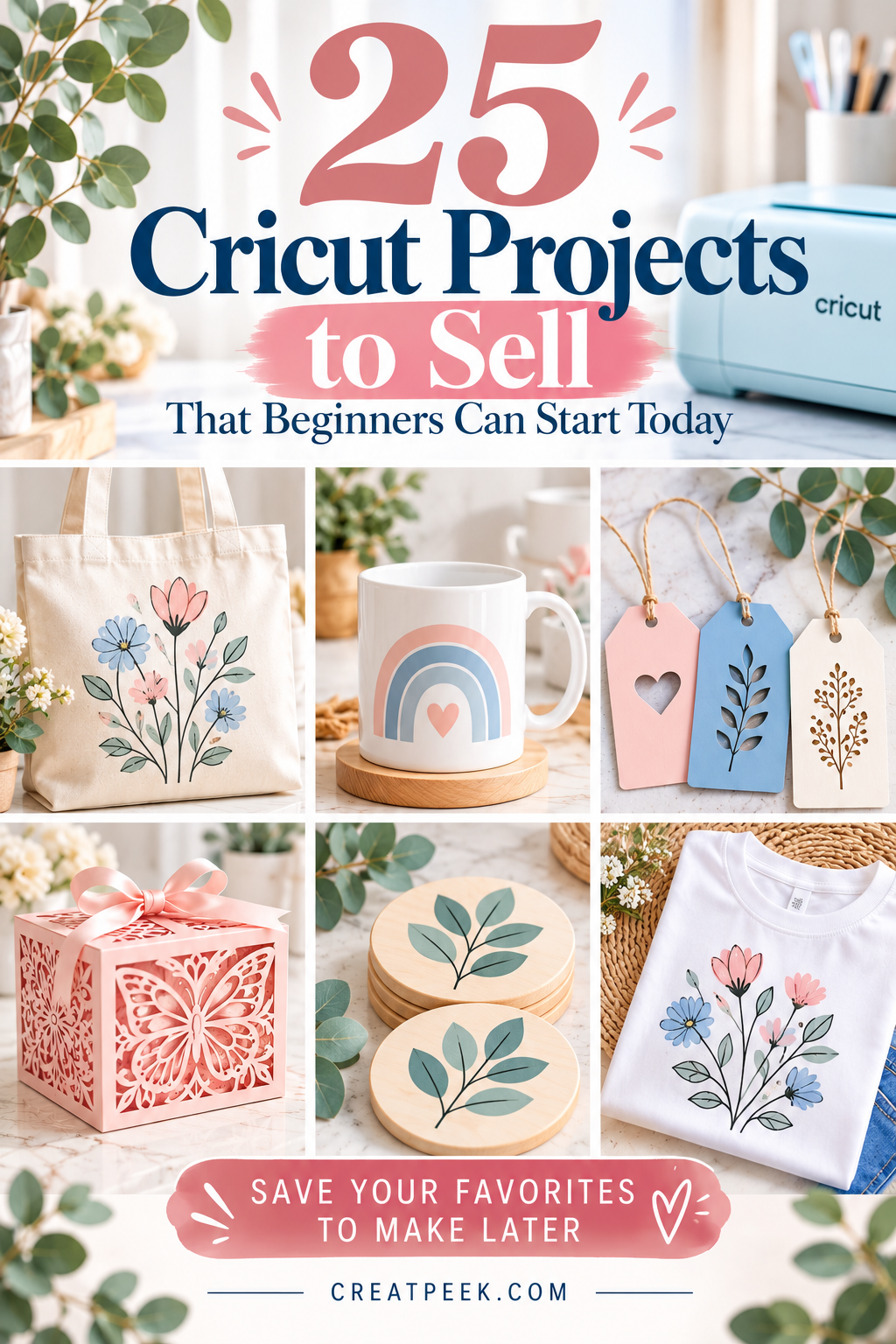 Collage of Cricut projects including a tote bag, mug, gift tags, and decorative box with floral designs.