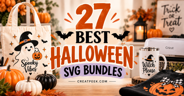 Halloween SVG craft projects featuring a ghost tote bag, witch mug, pumpkin shirt and Cricut machine in a festive craft workspace