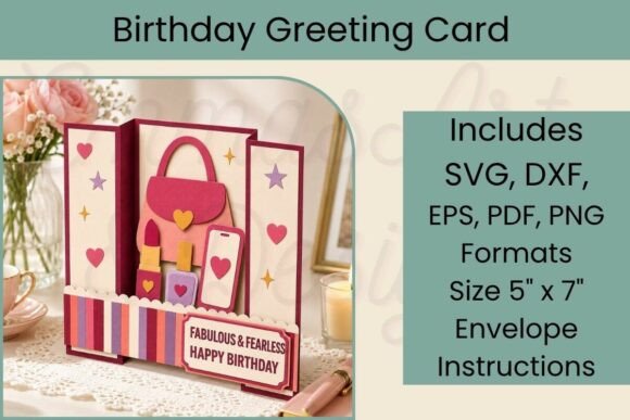 3D birthday card SVG with handbag and makeup design for Cricut projects.