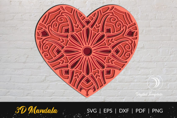 Red 3D heart-shaped mandala with intricate layered design on a white brick background.