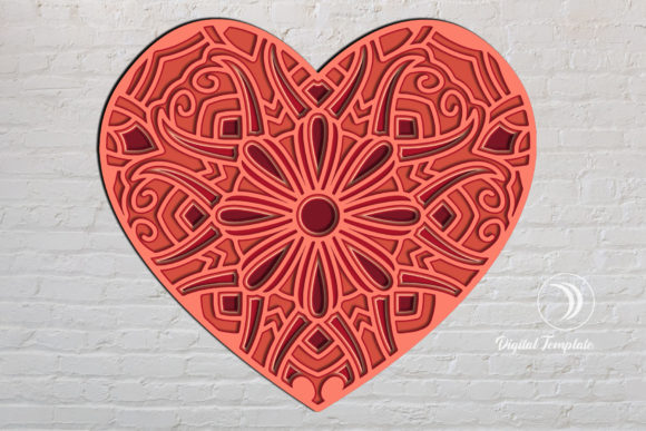Red heart-shaped mandala with detailed layered patterns against a white brick wall.