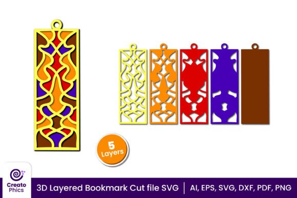 3D layered bookmark SVG with intricate cut-out patterns in five colors for Cricut projects