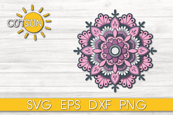 3D layered mandala in pink and gray on a light wood background for Cricut