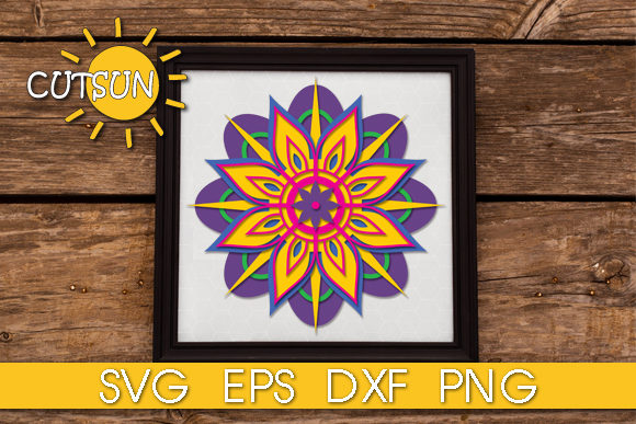 Framed 3D layered mandala SVG with 8 colorful layers for Cricut projects.