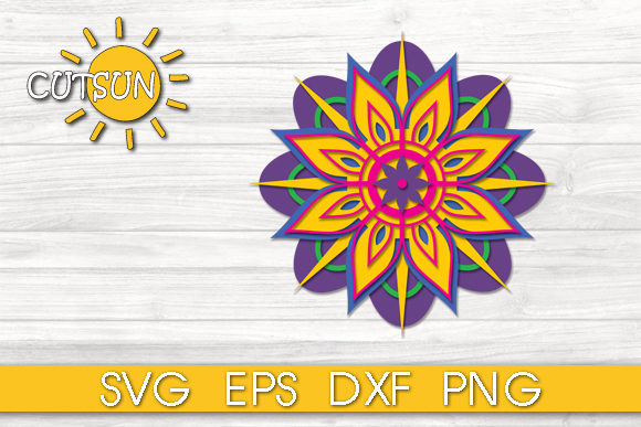 3D layered mandala SVG with 8 colorful layers on a white background for Cricut designs.