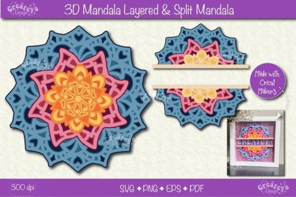 3D layered mandala design with split pattern, suitable for Cricut projects.