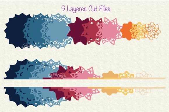 Nine layers of mandala cut files displayed in a gradient of colors for Cricut use.
