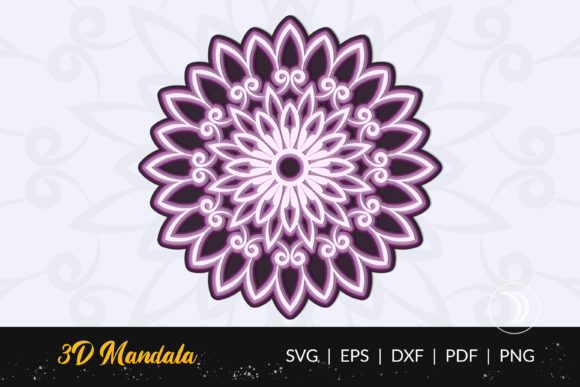 A 3D layered mandala design with purple and white intricate patterns.