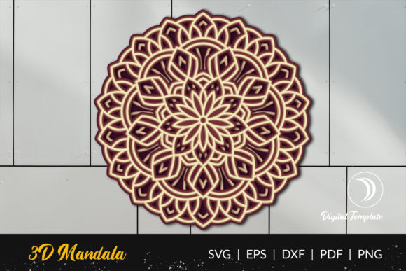 Intricate 3D layered mandala design in maroon and beige on a tiled background.